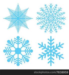 Snowflake set in blue color, festive ornaments with pattern for Christmas sale. Traditional winter object frozen crystal on white. Paper cut of Xmas flake decoration symbol for promotion card vector. Winter Symbol Snowflake, Christmas Flake Vector