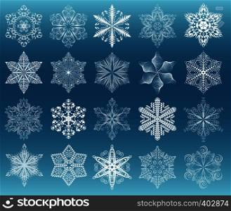 Snowflake set, white images on dark cyan gradient background. Snowflake white set