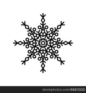 Snowflake silhouette of circular shape with lines and triangles, and circle in centre, schematic crystal object, colorless vector illustration. Snowflake Silhouette Colorless Vector Illustration