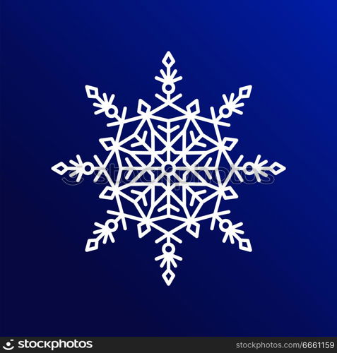 Snowflake single icon in details, closeup of ice crystal with geometric shapes of circle, lines and triangles, vector illustration isolated on blue. Snowflake Single Icon on Blue Vector Illustration