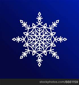 Snowflake single icon in details, closeup of ice crystal with geometric shapes of circle, lines and triangles, vector illustration isolated on blue. Snowflake Single Icon on Blue Vector Illustration
