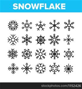 Snowflake Tracery Collection Icons Set Vector Thin Line. Beautiful Decorative Frozen Winter Snowflake In Different Shape Concept Linear Pictograms. Monochrome Contour Illustrations. Snowflake Tracery Collection Icons Set Vector