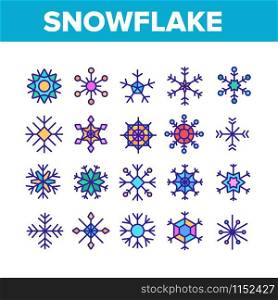 Snowflake Tracery Collection Icons Set Vector Thin Line. Beautiful Decorative Frozen Winter Snowflake In Different Shape Concept Linear Pictograms. Color Illustrations. Snowflake Tracery Collection Icons Set Vector