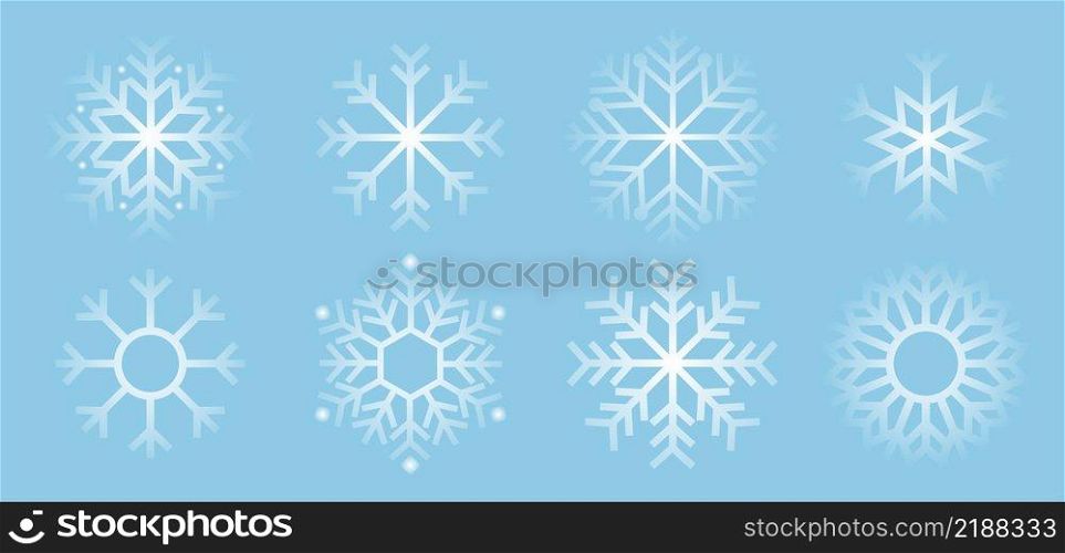 Snowflake variations icon collection. Snowflakes white ice crystal. Winter symbol. Christmas logo sign. Vector illustration. . Snowflake variations icon collection. Snowflakes white ice crystal. Winter symbol. 