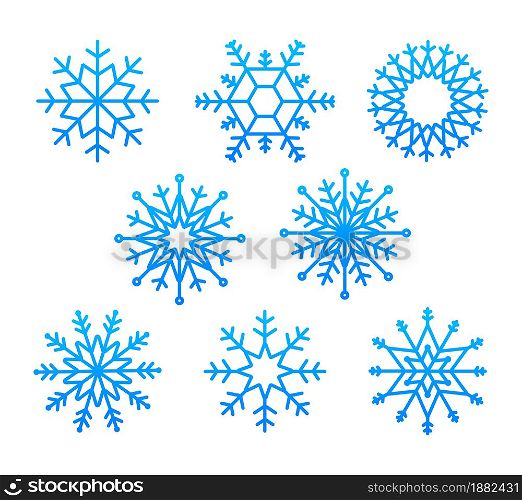Snowflake vector icon background set white color. Winter blue christmas snow flake crystal element. Vector stock illustration. Snowflake vector icon background set white color. Winter blue christmas snow flake crystal element. Vector stock illustration.