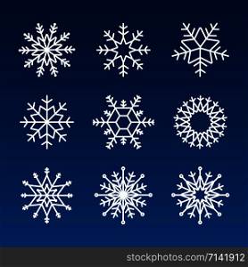 Snowflake vector icon background set white color. Winter blue christmas snow flake crystal element. Vector stock illustration. Snowflake vector icon background set white color. Winter blue christmas snow flake crystal element. Vector stock illustration.