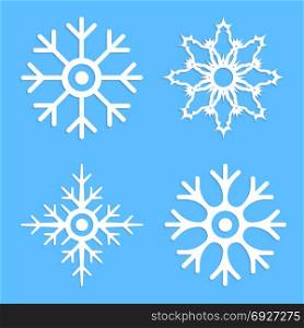 Snowflake Vector Icon. Vector illustration of snowflakes isolated on blue background. Christmas icon with shadow. Xmas decoration