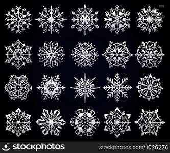 Snowflake. Winter christmas snow crystal elements, frozen cold star pictogram ornament, frosty snowflakes iced symbol, vector cristal festive geometric flake set. Snowflake. Winter christmas snow crystal elements, frozen cold star pictogram ornament, frosty snowflakes iced symbol, vector set