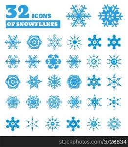 Snowflakes. A set of 32 icons. Vector illustration