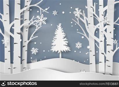 snowflakes and christmas tree.paper art style.