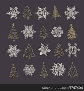 Snowflakes and Christmas trees and dark background. Habd drawn christmas elements set.