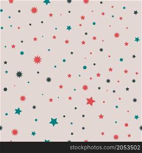 Snowflakes and circles or bubbles, glittering stars repeating. Abstract wallpaper or modern textile for winter holidays celebration. Seamless pattern, background or print. Vector in flat style. Stars and snowflakes, circles abstract pattern