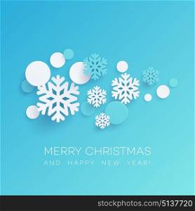 Snowflakes and round confetti paper cut illustration. Merry Christmas and Happy New Year greeting. Xmas decorations and paper cut elements. Poster, banner design. Isolated vector. Snowflakes and round confetti paper cut illustration