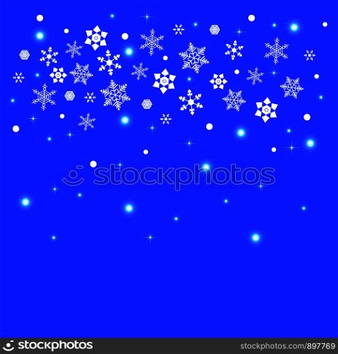 Snowflakes background. 5 forms, stars, lights. White elements, blue background. Place for your text. For New Year and Christmas projects. Snowflakes background. 5 forms, stars, lights. White elements, blue background. Place for your text