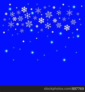 Snowflakes background. 5 forms, stars, lights. White elements, blue background. Place for your text. For New Year and Christmas projects. Snowflakes background. 5 forms, stars, lights. White elements, blue background. Place for your text