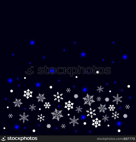 Snowflakes background. 5 forms, stars, lights. White elements, dark blue background. Place for your text. For New Year and Christmas projects. Snowflakes background. 5 forms, stars, lights. White elements, dark blue background. Place for your text