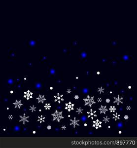 Snowflakes background. 5 forms, stars, lights. White elements, dark blue background. Place for your text. For New Year and Christmas projects. Snowflakes background. 5 forms, stars, lights. White elements, dark blue background. Place for your text