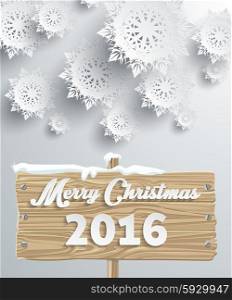 Snowflakes background for winter and Merry Christmas theme. Snow, christmas, snowflake background, snowflake winter. 3D paper snowflakes. Merry Christmas 2016 on wooden sign board. Silver snowflake
