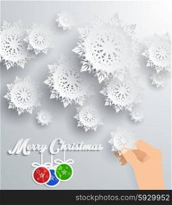 Snowflakes background for winter and Merry Christmas theme. Snow, christmas, snowflake background, snowflake winter. 3D paper snowflakes. Happy New Year. Silver snowflake. Snowflakes and balls