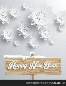 Snowflakes background for winter and new year, christmas theme. Snow, christmas, snowflake background, snowflake winter. 3D paper snowflakes. Happy New Year on wooden sign board. Silver snowflake