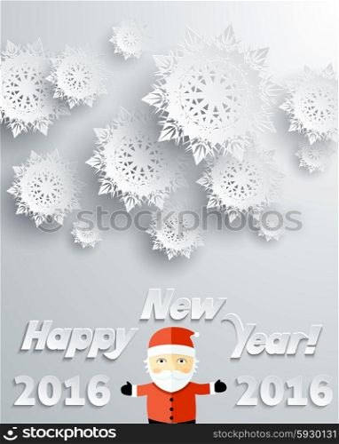 Snowflakes background for winter and New Year, christmas theme. Snow, christmas, snowflake background, snowflake winter. 3D paper snowflakes. Happy New Year 2016. Silver snowflake and Santa Claus