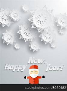 Snowflakes background for winter and New Year, christmas theme. Snow, christmas, snowflake background, snowflake winter. 3D paper snowflakes. Happy New Year. Silver snowflake and Santa Claus