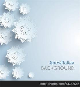 Snowflakes background. New Year and Christmas concept.. Snowflakes background. New Year and Christmas concept. Winter Xmas theme. Realistic pattern with snowflakes, snow on a sheet of paper. 3D paper silver snowflakes shadow. Place for text. Vector