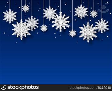 Snowflakes background. Papercut white snowflake shapes on blue backdrop, christmas winter holiday card. Xmas frozen pattern vector snow design subtle ornament poster. Snowflakes background. Papercut white snowflake shapes on blue backdrop, christmas winter holiday card. Xmas frozen pattern vector poster