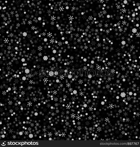 Snowflakes background. Seamless pattern. 5 forms, the effect of space. White, grays, black background. For New Year and Christmas projects. Snowflakes background. Seamless pattern. 5 forms, effect of space. White, grays, black background
