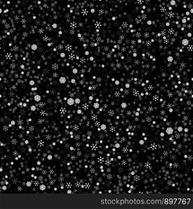 Snowflakes background. Seamless pattern. 5 forms, the effect of space. White, grays, black background. For New Year and Christmas projects. Snowflakes background. Seamless pattern. 5 forms, effect of space. White, grays, black background