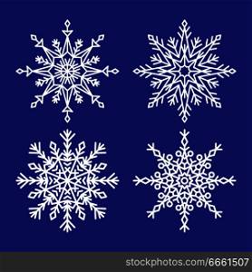 Snowflakes collection closeup of unique ice crystals small particles of snow vector illustrations set isolated on dark blue background in flat style. Snowflakes Collection Closeup Unique Ice Crystals