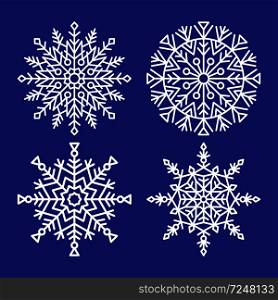 Snowflakes collection closeup of unique ice crystals small particles of snow vector illustrations set isolated on dark blue background in flat style. Snowflakes Collection Closeup Unique Ice Crystals
