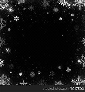 Snowflakes frame. Winter snowed border, frost snowflake and christmas cold blizzard snow greeting card, wishes postcard or snowflakes background, holiday vector design template. Snowflakes frame. Winter snowed border, frost snowflake and christmas cold blizzard snow greeting card vector design template