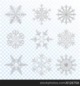 Snowflakes grey set. Realistic grey icy snowflakes set isolated on transparent background vector illustration