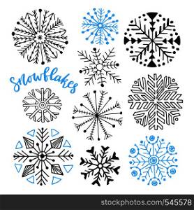 Snowflakes hand drawn vector collection. Winter isolated decoration for Christmas and New Year design.. Snowflakes hand drawn vector collection. Winter isolated decoration for Christmas and New Year design