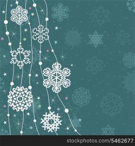 Snowflakes hang on threads on a dark blue background. A vector illustration