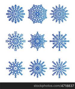 Snowflakes icons collection of different shape and forms, unique symmetrical ice crystals, vector illustration, isolated on white background. Snowflakes Icons Collection Vector Illustration
