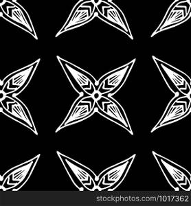 Snowflakes in ethnic style. Seamless pattern. For winter, New Year, Christmas projects. Abstract. Indian, Native American Aztec. White elements, black background. Ethnic style ornament. Seamless pattern. Abstract. Indian, Native American, Aztec