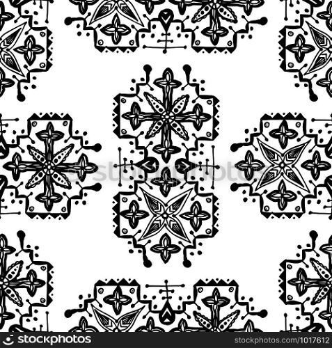 Snowflakes in ethnic style. Seamless pattern. For winter, New Year, Christmas projects. Abstract silhouette. Indian, Native American Aztec. Black elements, white background. Ethnic style ornament. Seamless pattern. Abstract. Indian, Native American, Aztec