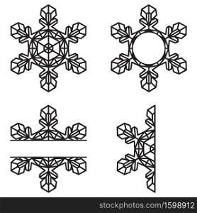 Snowflakes monogram laser cut isolated on white background. Flat winter snow icons, silhouette. Christmas element for fesstive banner, greeting cards. Vector illustration.. Snowflakes monogram laser cut isolated on white background. Flat winter snow icons, silhouette. Christmas element for fesstive banner, greeting cards.