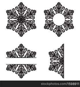 Snowflakes monogram set isolated on white background. Flat winter snow icons, silhouette. Christmas element for fesstive banner, greeting cards. Laser cut ornament. Vector illustration.. Snowflakes monogram set isolated on white background. Flat winter snow icons, silhouette. Christmas element for fesstive banner, greeting cards. Laser cut ornament.