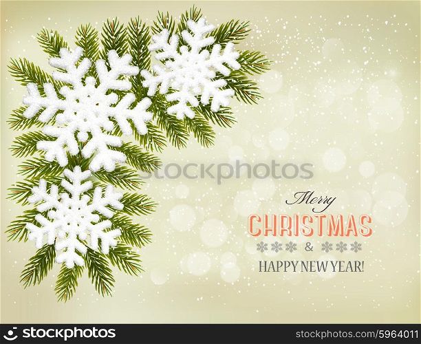 Snowflakes on christmas tree branches. Christmas holiday background. Vector.
