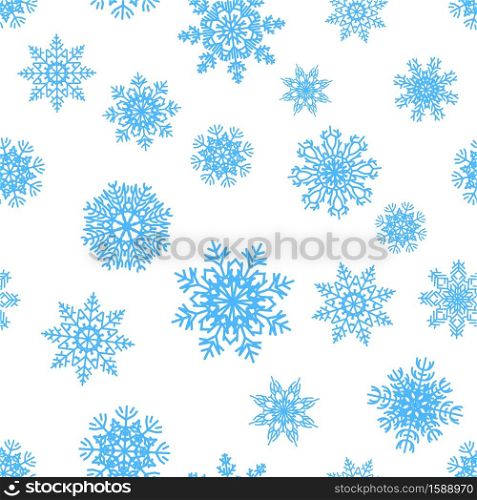 Snowflakes pattern. Christmas decorative seamless texture. Blue ice crystals, snowy silhouettes for textile and greeting cards, New Year wrapping paper template. Vector winter ornamental background. Snowflakes pattern. Blue ice crystals, Christmas decorative seamless texture for textile and greeting cards, New Year wrapping paper template. Vector winter frost ornamental background