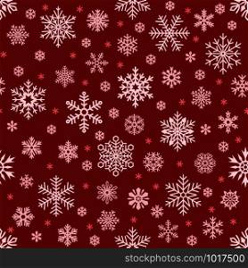Snowflakes pattern. Christmas falling snowflake on red backdrop. Winter holiday snow seamless wallpaper or backdrop for greeting card, new year decor wrapping vector background. Snowflakes pattern. Christmas falling snowflake on red backdrop. Winter holiday snow seamless vector background