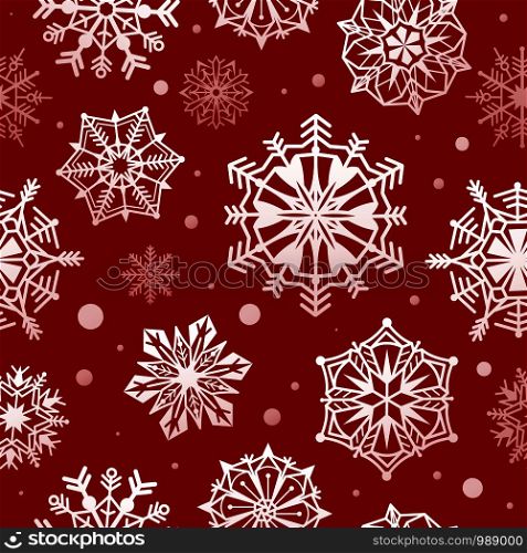 Snowflakes seamless pattern. Abstract christmas snow wallpaper, xmas decorative frost design. Red and white winter holidays wrapper simple falling flake repeat texture. Snowflakes seamless pattern. Abstract christmas snow wallpaper, xmas decorative frost design. Red and white winter holidays wrapper texture