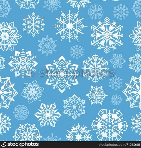 Snowflakes seamless pattern. Abstract christmas snowflake print, festive xmas crystal stars. Blue and white winter holidays wrapper repeat falling geometric frozen texture. Snowflakes seamless pattern. Abstract christmas snowflake print, festive xmas crystal stars. Blue and white winter holidays wrapper texture