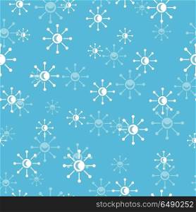 Snowflakes Seamless Pattern Vector in Flat Design. Snowflakes vector seamless pattern. Falling different size snowflakes on blue background. Winter holidays season. For gift wrapping paper, greeting cards, invitations, web pages design
