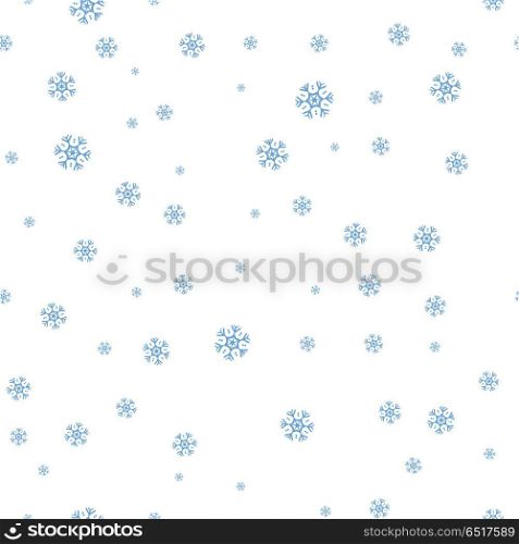 Snowflakes Seamless Pattern Vector in Flat Design. Snowflakes vector seamless pattern. Falling different size snowflakes on white background. Winter holidays season. For gift wrapping paper, greeting cards, invitations, web pages design