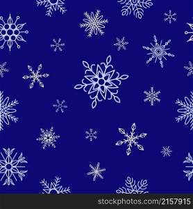 Snowflakes seamless pattern, white and blue elements on dark blue background. Endless vector design element for prints. Snowflakes seamless pattern, white and blue elements on dark blue background