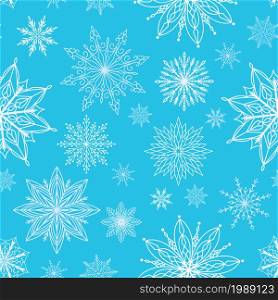 Snowflakes seamless pattern. Winter holidays celebration print for gift, wrapping paper and greeting cards. Frozen snowflakes texture, white elements on blue background, xmas holidays vector decor. Snowflakes seamless pattern. Winter holidays celebration print for gift, wrapping paper and greeting cards. Frozen snowflakes texture, vector white elements on blue background